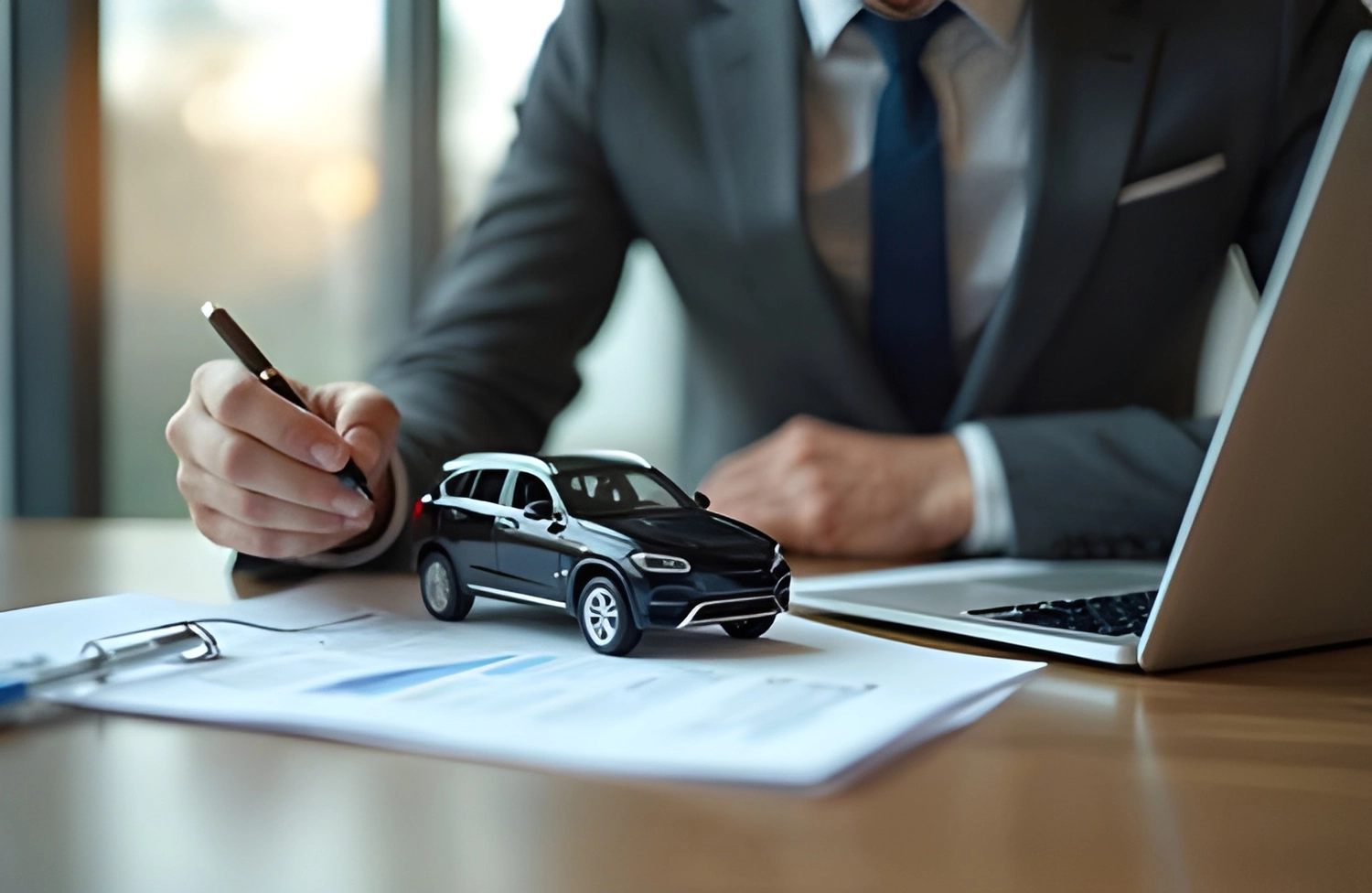 KFZ-Sachverständigenbüro - Peter Kühn - Ein Geschäftsmann prüft am Schreibtisch mit seinem Laptop einen Autokaufvertrag. Auf den Dokumenten ist ein Miniatur-SUV-Modell abgebildet.